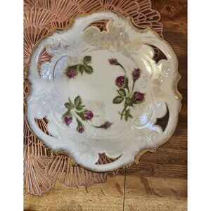 Norcrest Moss Rose Lusterware Pierced Rim Bowl Gold Rim 7.5" Japan Vintage